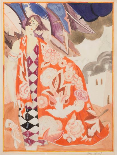 null René VINCENT (1879-1936). 

Jeune femme dans un décor Art déco. 

Aquarelle...