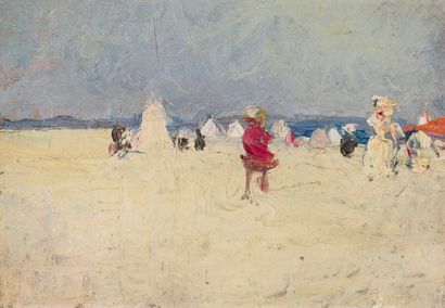 null Fernand PIET (1869-1942). 

Sur la plage. 

Huile sur panneau encadrée. 

Dimensions:...