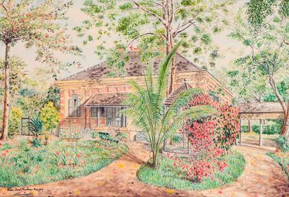 null A. Marchand. (XXe siècle). Maison à Thaï Binh (Tonkin). Aquarelle sur papier...