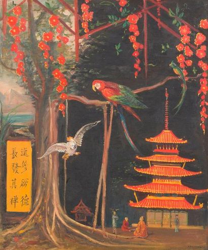 null G. PECHAUD. School of travelling painters. Parrots in front of a pagoda. Oil...