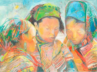 null Patrice LAUDAUER (1965). Portrait de trois jeunes femmes des Minorités. Huile...