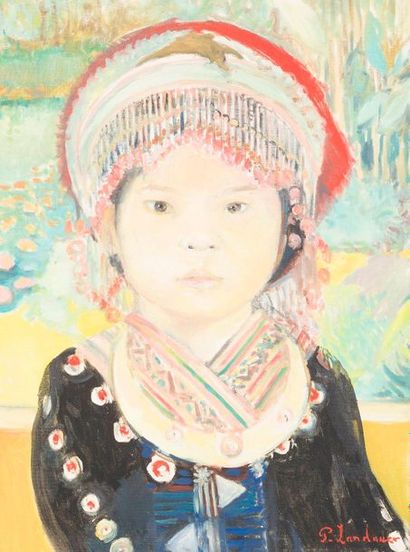 null Patrice LAUDAUER (1965). Portrait de jeune fille laotienne. Huile sur toile...