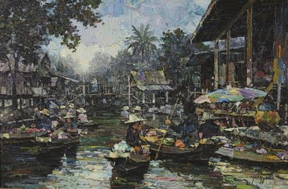 null Ecole des peintres voyageurs d'Indochine.

Le marché flottant de Tha Kha

Huile...
