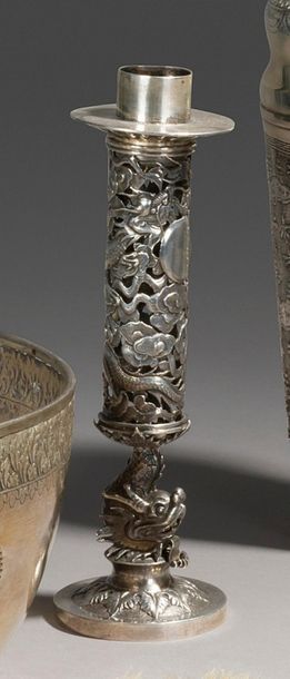 null Candlestick in silver (800°/°°) chased and openwork with dragons in the clouds...