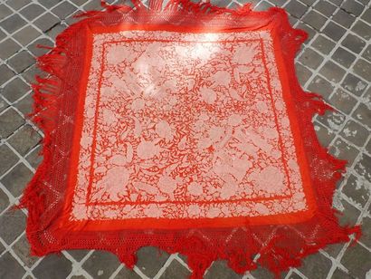 null Large square coral silk shawl embroidered with scenes of animated pagodas and...