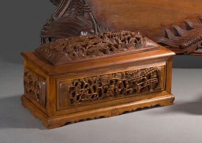 null An exotic wood box carved, openwork and engraved with water carriers and birds...