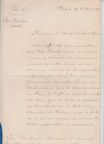 null 1867

Set of handwritten documents between Admiral de la Grandière, governor...
