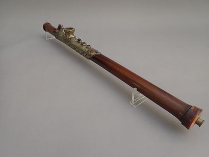 null Tinted bamboo pipe decorated with cabochons (one stone is missing), chiselled...