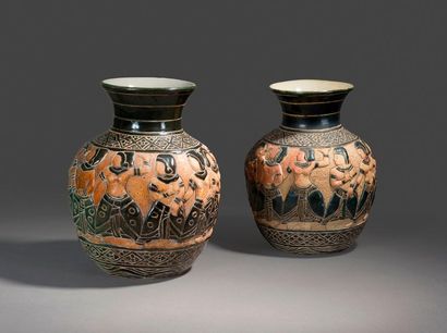 null WELL HOA. Circa 1960. Two ball vases with flared neck, forming a pendant, in...