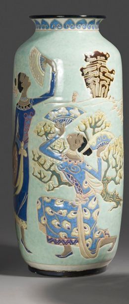 null WELL HOA. 1970. Large polychrome enamelled stoneware vase decorated with fan...
