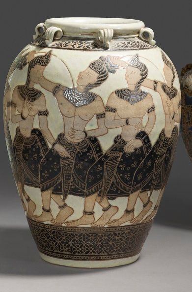 null Bien Hoa School.

Ovoid stoneware vase with a partially brown enamelled decoration...
