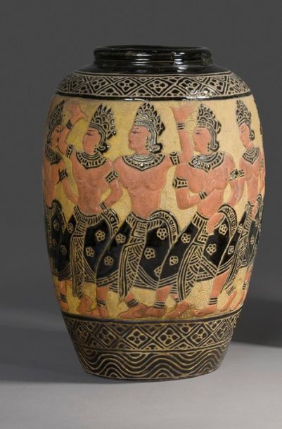 null WELL HOA. Ovoid shaped stoneware vase partially glazed with a frieze of Khmer...