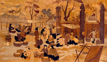 null School of Fine Arts of Indochina. Market scene. Panel in wood marquetry signed...