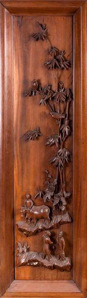 null Paire de panneaux en bois exotique sculpté à décor de bambous et d'oiseaux....