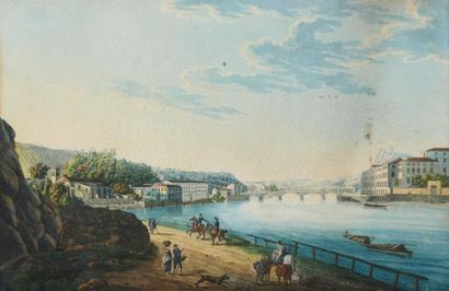 null Ecole française, vers 1830. Trois vues de Lyon au trait gravé aquarellé et gouaché....