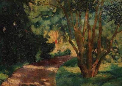 null Pierre GERBER (1887-?). Chemin dans les sous bois. Huile sur toile encadrée,...