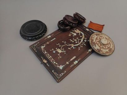 null Wooden tray decorated in mother-of-pearl inlay with a branch of flowering prunus....