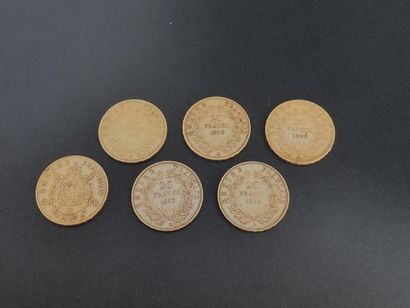null France. Six pièces de 20 francs or Napoléon III, 1854 (1), 1855 (1), 1859 (2),...