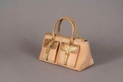 null TOD'S. Mini sac à main en cuir satin duchesse et python gold. Deux poches à...