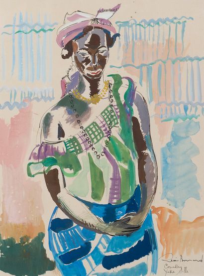 null Renée BERNARD (1906-2004). 

Woman - Yaka Silla. 

Watercolor on paper framed,...