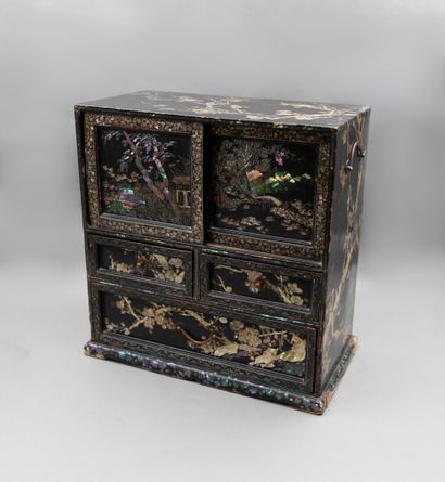 null Small lacquered wood cabinet with mother-of-pearl plum tree inlays. Indochina,...