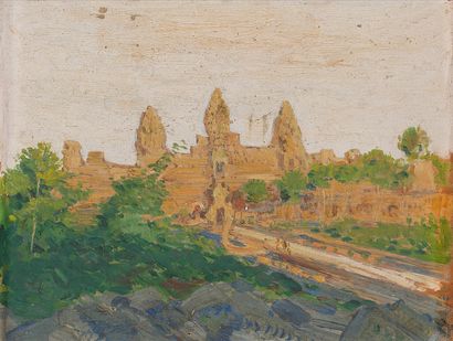 null School of the travelling painters. Angkor-Vat - The Bayon. Pair of oils on isorel....