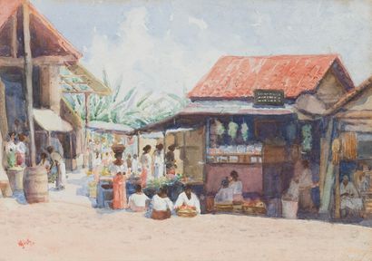 null French school of the painters travellers of Madagascar.

Market scene in Tananarive.

Watercolor...