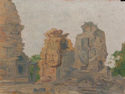 null Ecole des peintres voyageurs. Angkor-Vat - Le Bayon. Paire d'huiles sur isorel....