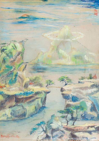 null NGUYEN NHUÂN. About 1940. Landscape of Upper Tonkin. Pastel and ink on silk...