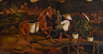 null Indochina school of the 20th century.

Work in the fields.

Two lacquered panels....