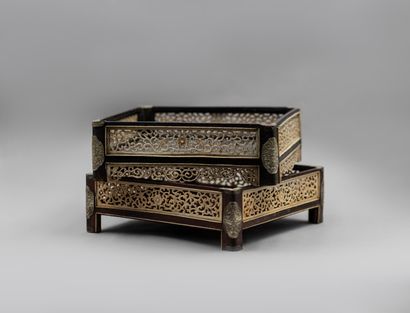 null Pair of exotic wood letter trays decorated with bone plates chiselled with scrolls,...