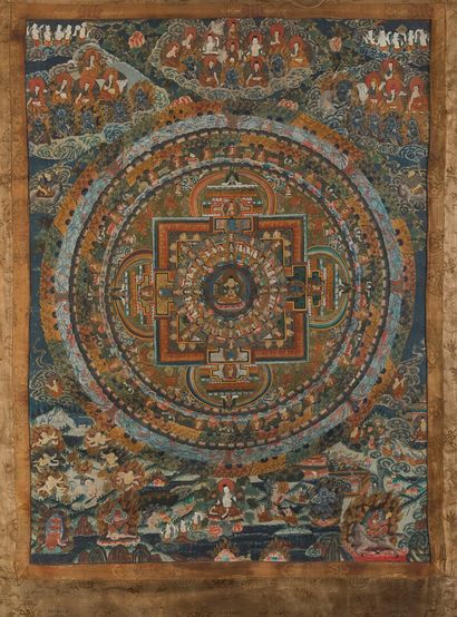 null Thangka with a mandala. 

Paper pasted on silk, framed with silk embroidery.

Tibet,...