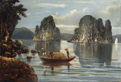 null Ecole du Nord, Années 30. 

Sampan dans la baie de Along.

Huile sur toile,...