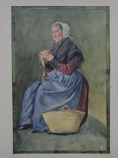 Old woman in the basket. Watercolor on paper,...