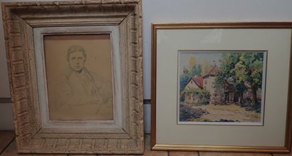 Set of framed pieces including: 
- A watercolor...