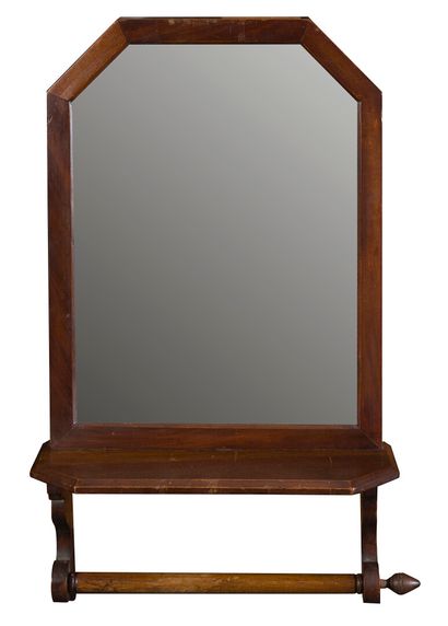 null Mahogany framed mirror with shelf. 

Dimensions: 64x34 cm. (One conical element...