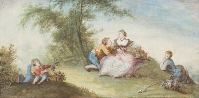 null French school of the 18th century. 

Gallant scene in a landscape. 

Framed...