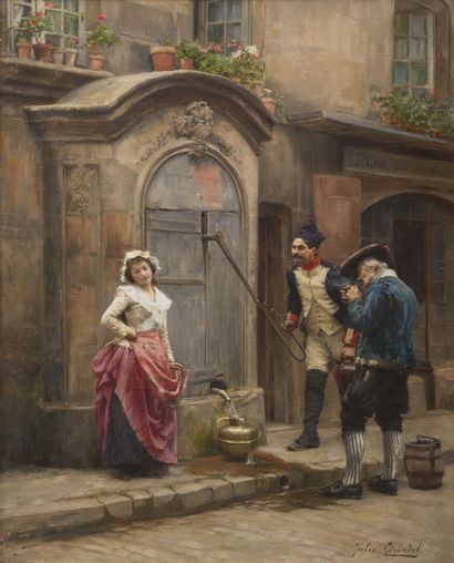 null Jules GIRARDET (1856-1946). 

Street scene with a fountain. 

Oil on canvas...