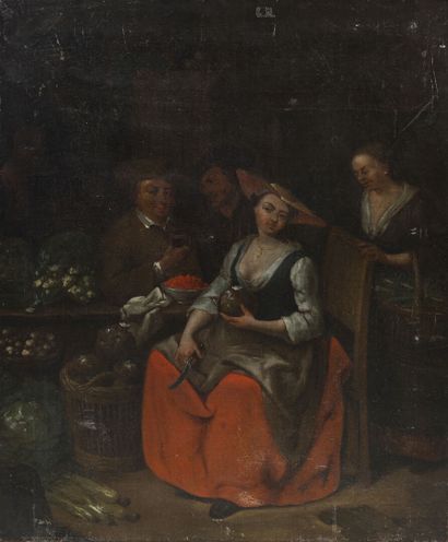 null 
Dutch school of the late 17th century. 




The cook preparing her meal. 




Oil...