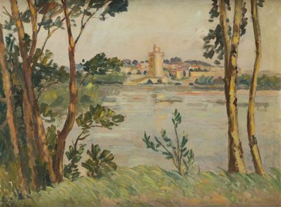 null Abel LAUVRAY (1870-1950). 

Edge of the Rhone in Villeneuve-les-Avignon. 

Oil...