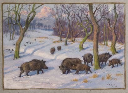 null Georges Fréderic ROTIG (1873-1961). 

Compagnie de sangliers dans la neige.

Aquarelle...