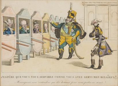 null École française, vers 1815 et 1830.

Suite de 5 gravures satyriques en couleur...