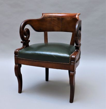null Mahogany and mahogany veneer desk armchair, back with rounded band ending in...