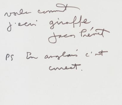 null PREVERT (Jacques). Billet autographe signé, 5 lignes au feutre "Voilà comment...