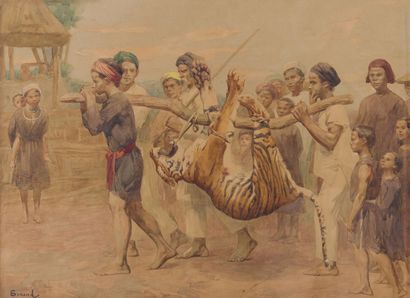null Gustave SURAND (1860-1937). 

Retour de chasse au tigre dans le Tonkin. 

Aquarelle...