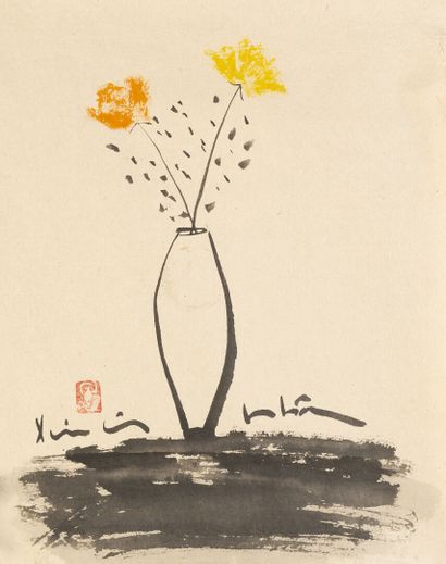 null LUU CONG NHAN (1931-2007). 

Bouquet de fleurs jaune et orange. 

Encre de Chine...
