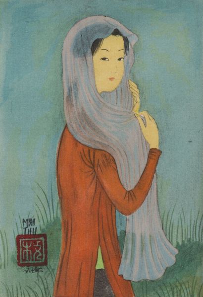 null MAI THU (1906-1980). 

Femme au voile. 

Reproduction sur soie encadrée. 

Dimensions:...