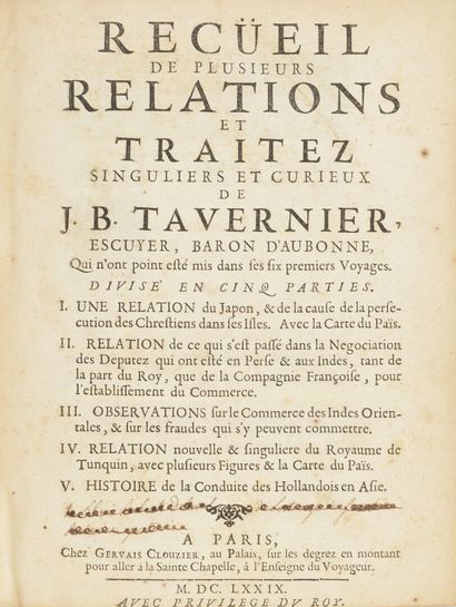 null 1679

TAVERNIER (Jean-Baptiste). Recueil de plusieurs relations et traitez singuliers...