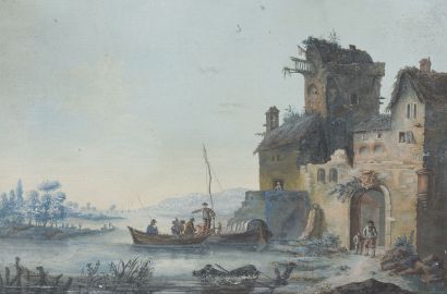 null Ecole française, vers 1800. 

Scène animée d'un château au bord d'un lac. 

Aquarelle...