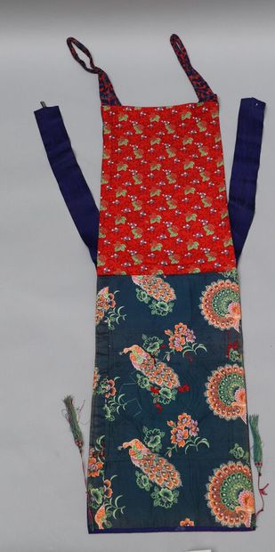 null "Beerdai" or "Miao" baby carrier by Dong in cotton and blue satin. Printed decoration...